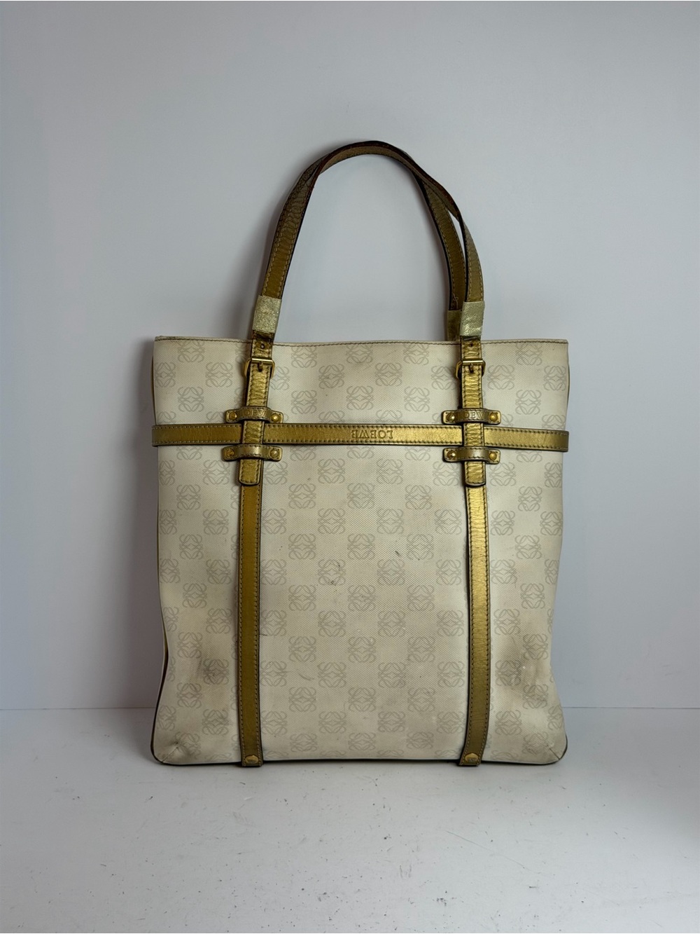 Loewe Anagram White Canvas and Metallic Trim Tote Bag